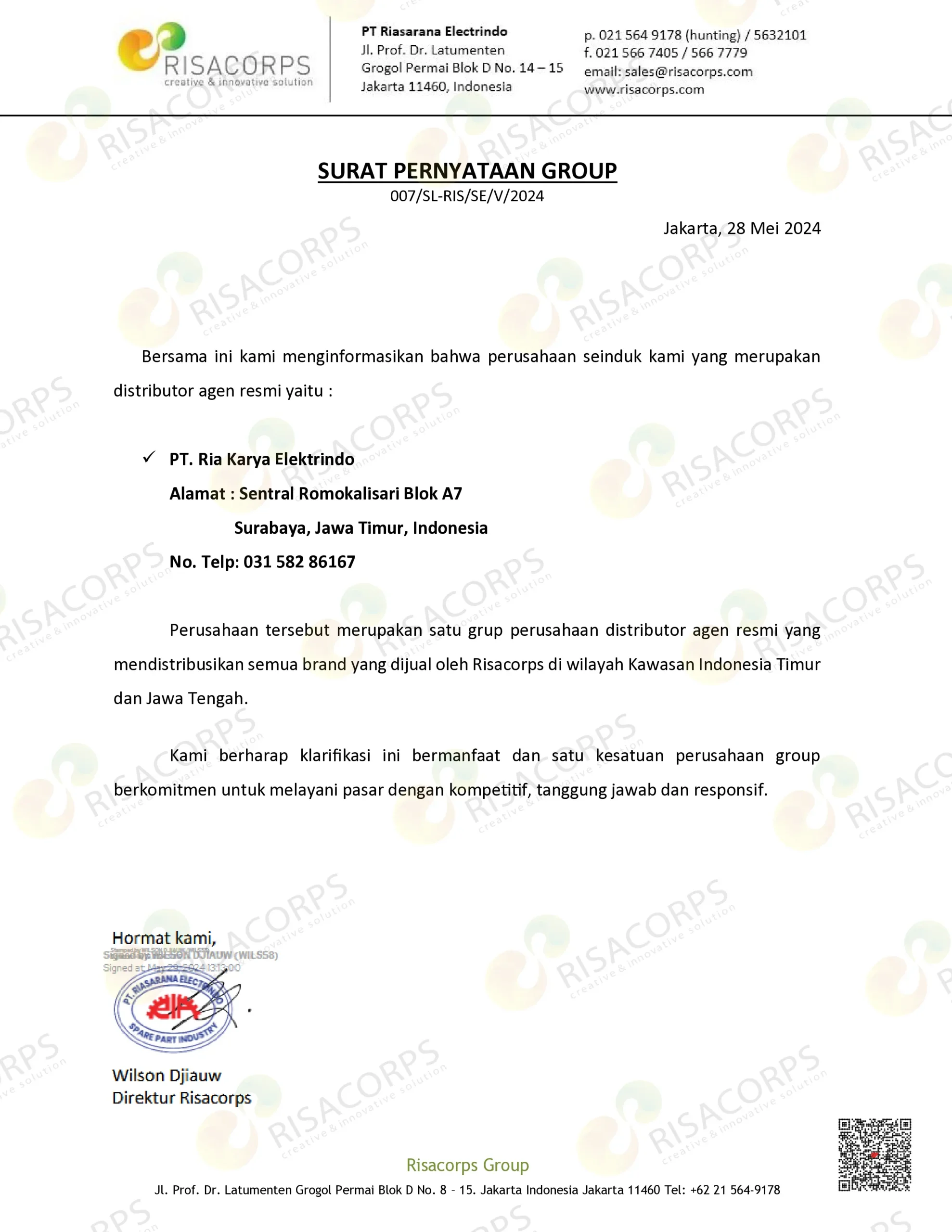 Surat Pernyataan Group Risacorps PT Ria Karya Elektrindo