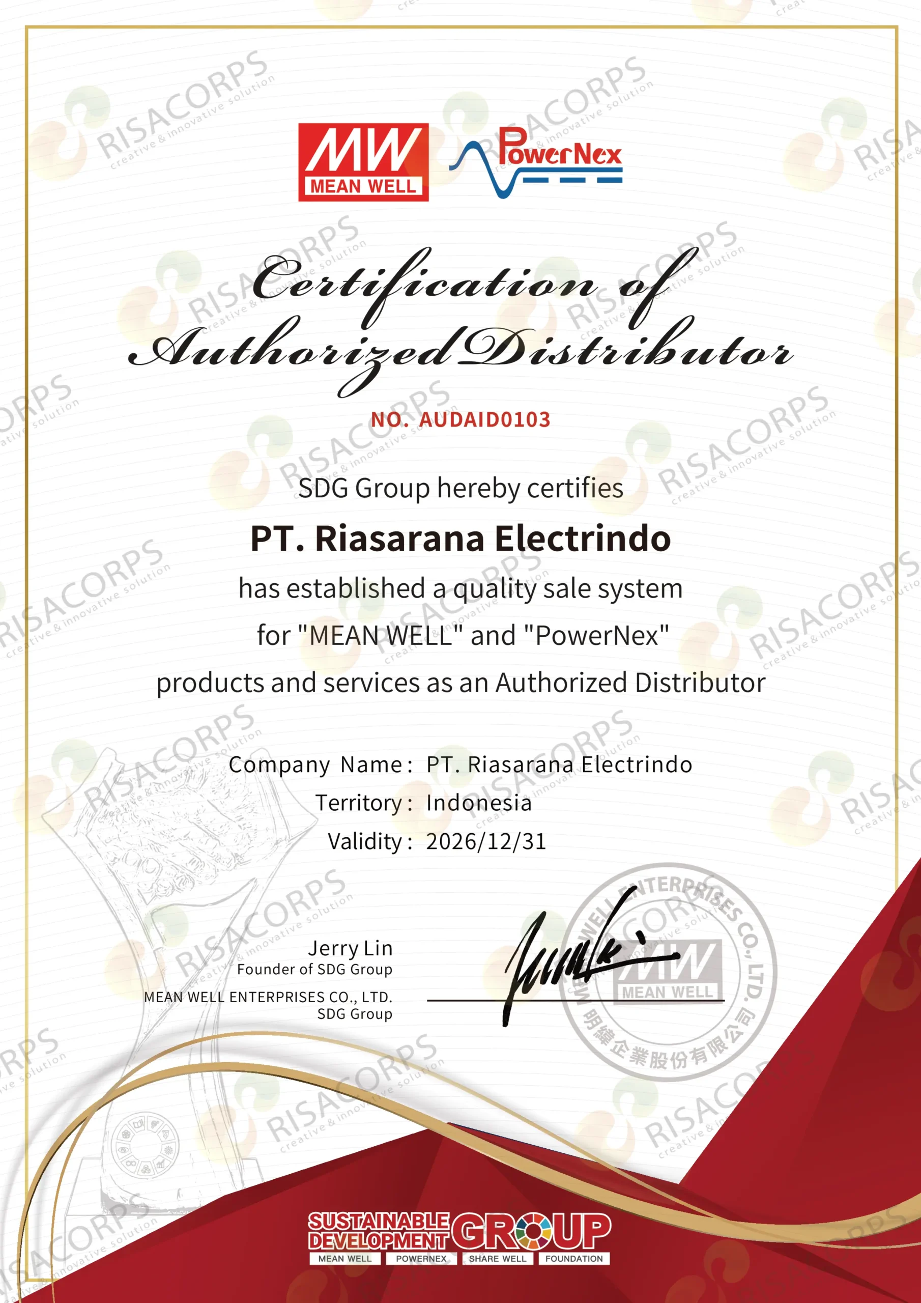 Certification of Authorized Distributor Mean Well PT Riasarana Electrindo